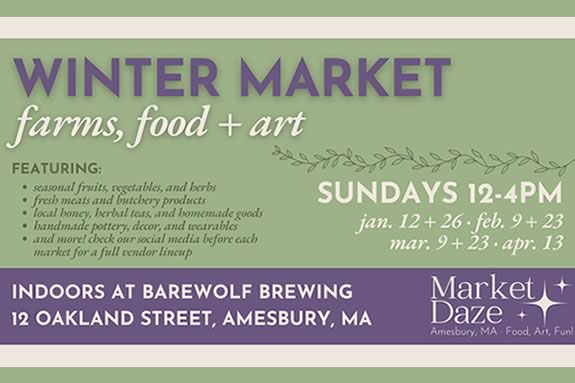 The Amesbury Winter Market happens every other Sunday indoors at Barewolf Brewing in Amesbury, Massachusetts.