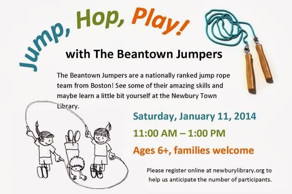 Kids will learn jump roping at the Newbury Town Library witht the Beantown Jump!