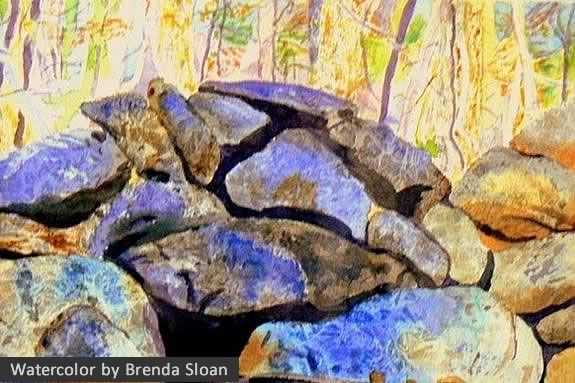 Brenda Sloan's watercolor portrays an abandoned rock wall in the woods. Join her at Ipswich River Wildlife Sanctuary to explore the sanctuary looking to discover similar walls! Brenda Sloane leads this workshop at the Ipswich River Wildlife Sanctuary