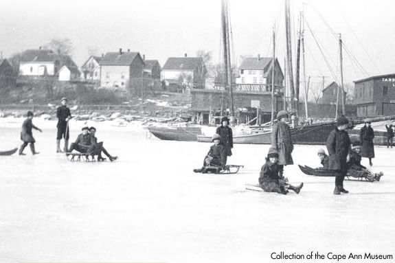 Cape Ann Museum Collection. Kids skating on frozen Gloucester Harbor