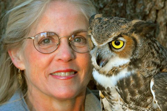 Marcia and Mark Wilson will put on a live owl demonstration at the Manchester Public Library. Photo ©Mark Wilson Marcia Wilson and friend from 'Eyes on Owls'. Photo ©Mark Wilson