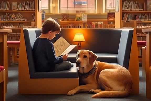 Kids are invited to read to a dog at Amesbury Massachusetts Public Library. Image generated with AI.