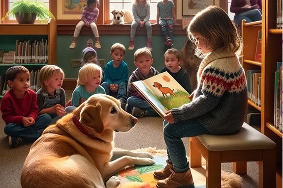 Kids are invited to read to a dog at Amesbury Massachusetts Public Library. Image generated with AI.