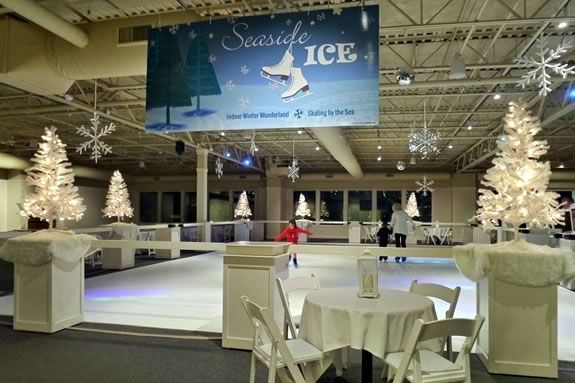Glide around an indoor artificial ice rink as you skate to festive music, surrounded by sparkling snowflakes, mirror balls, and breathtaking views of the ocean.